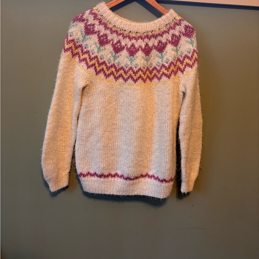 Elegant Cream and Purple Patterned Sweater